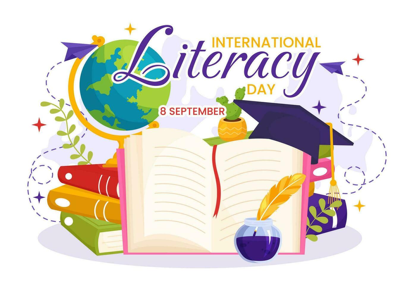 International Literacy Day Vector Illustration on 8th September with Book and Educational Equipment in Education Holiday Cartoon Hand Drawn Templates