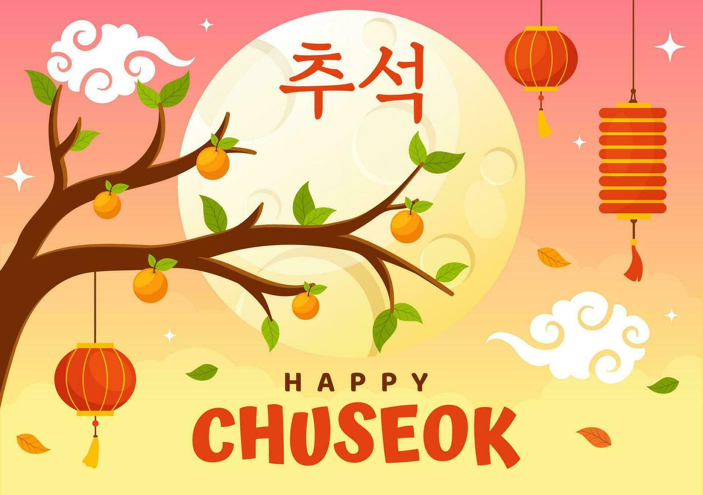 Happy Chuseok Day Vector Illustration of Korean Thanksgiving Event with Harvest Festival Celebrate on Autumn Night Background Hand Drawn Templates