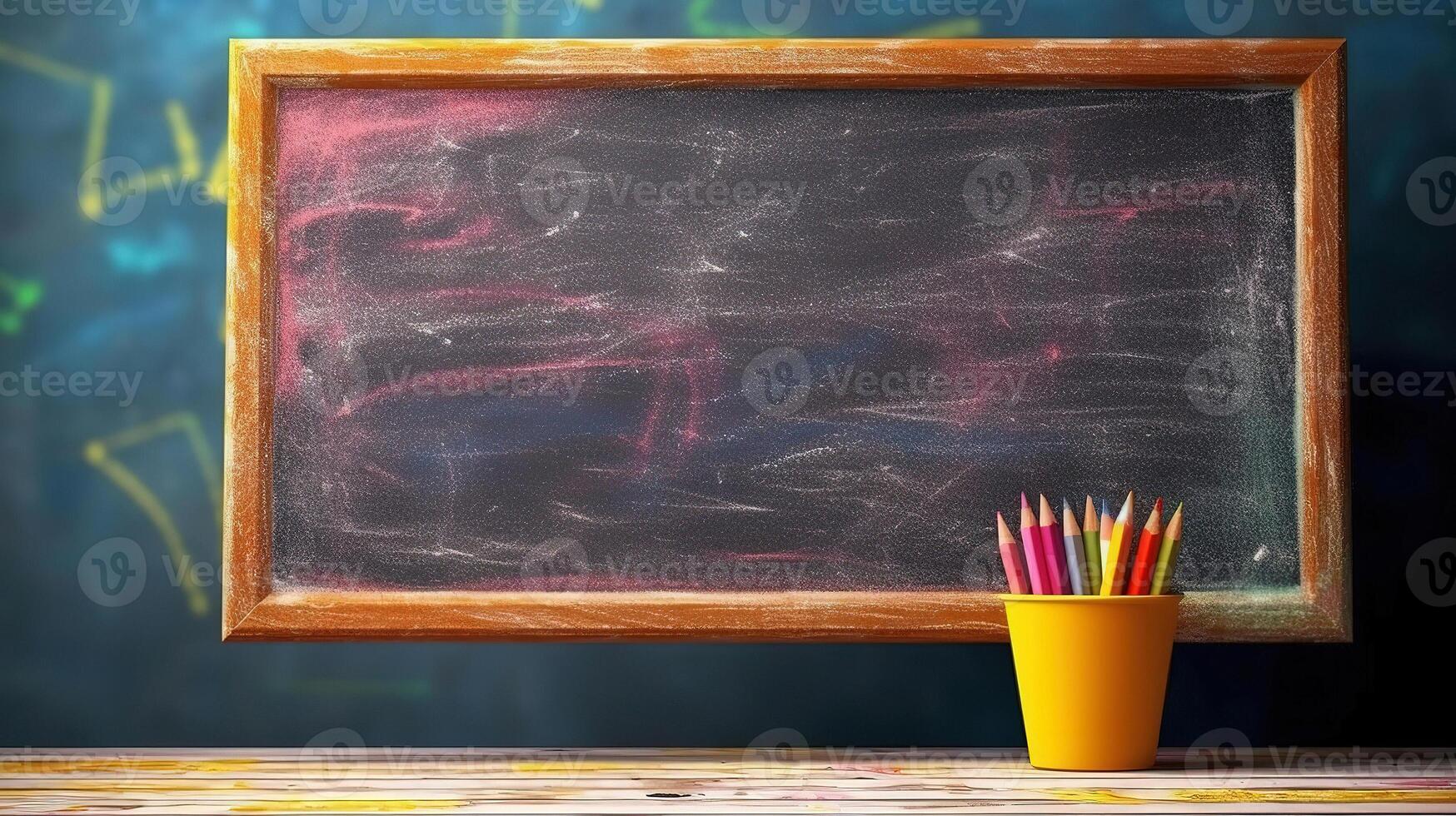 Empty chalkboard on a colourful background, Bright color. photo