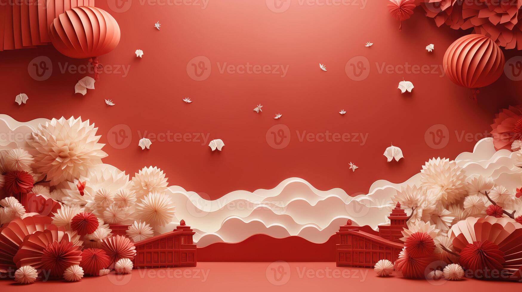 A red background with christmas balls hanging from the ceiling. photo