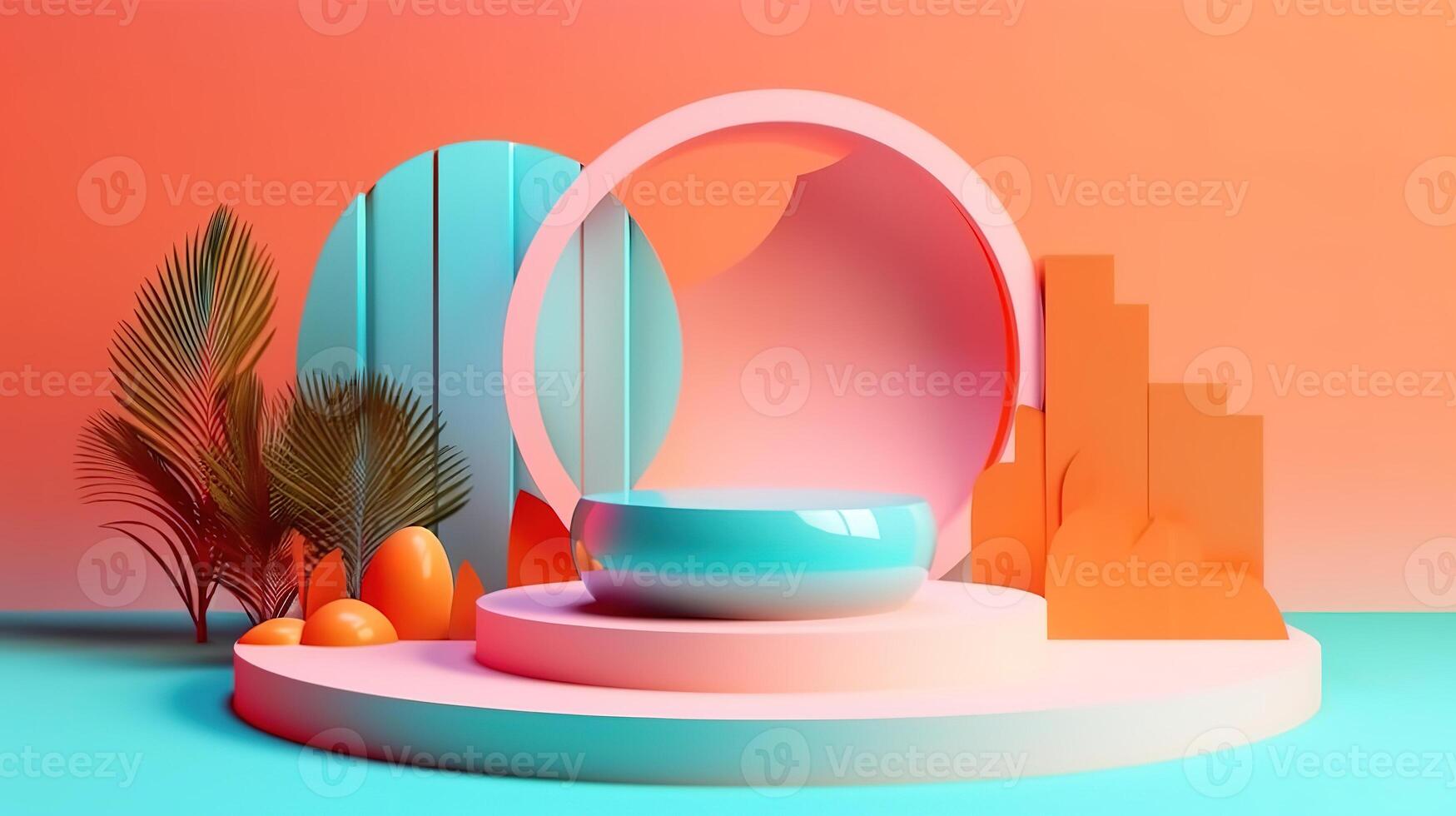 Concrete podium with tropical plant summer concept for product display. photo