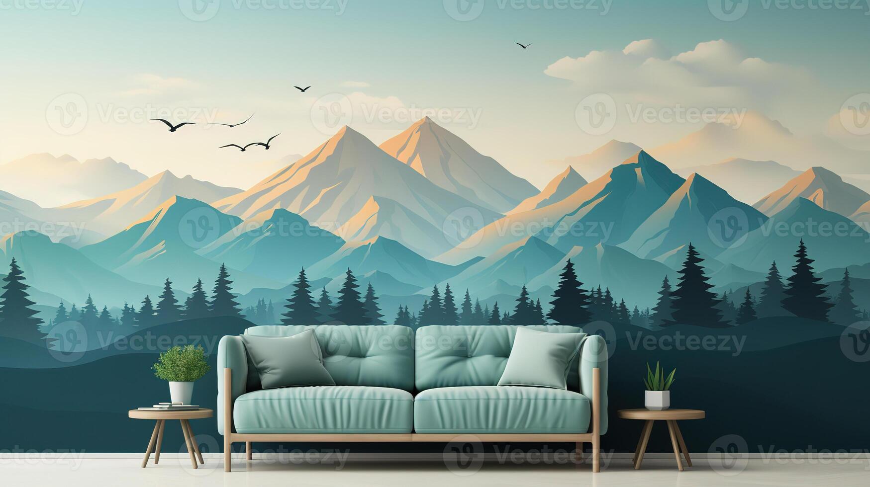 A snowy landscape with mountains and a blue sky with the sun shining on it. photo