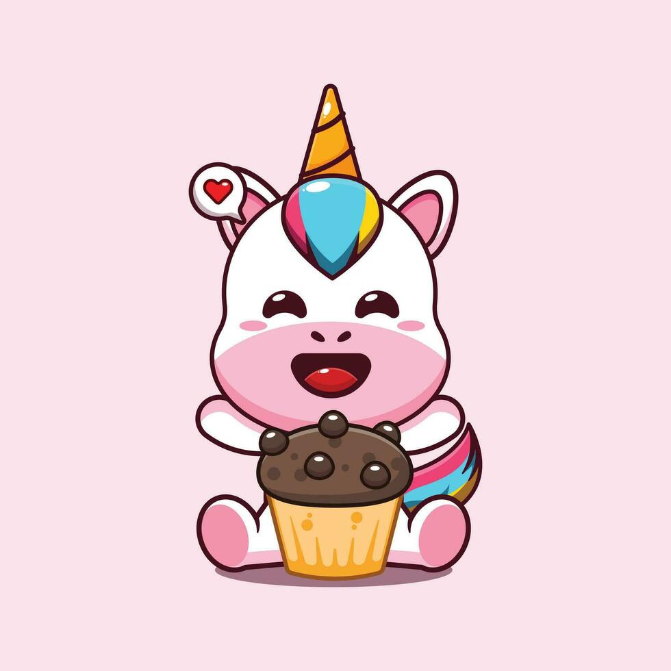 cute unicorn with cup cake cartoon vector illustration.