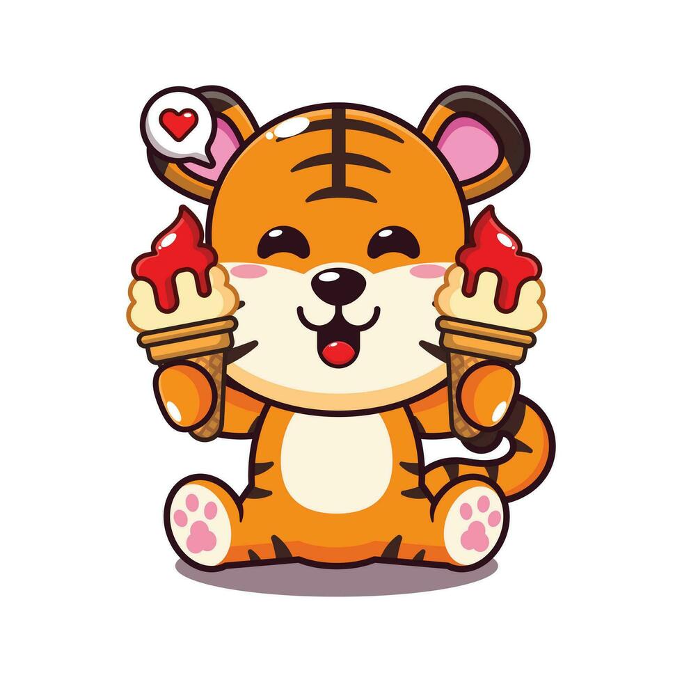 cute tiger with ice cream cartoon vector illustration.