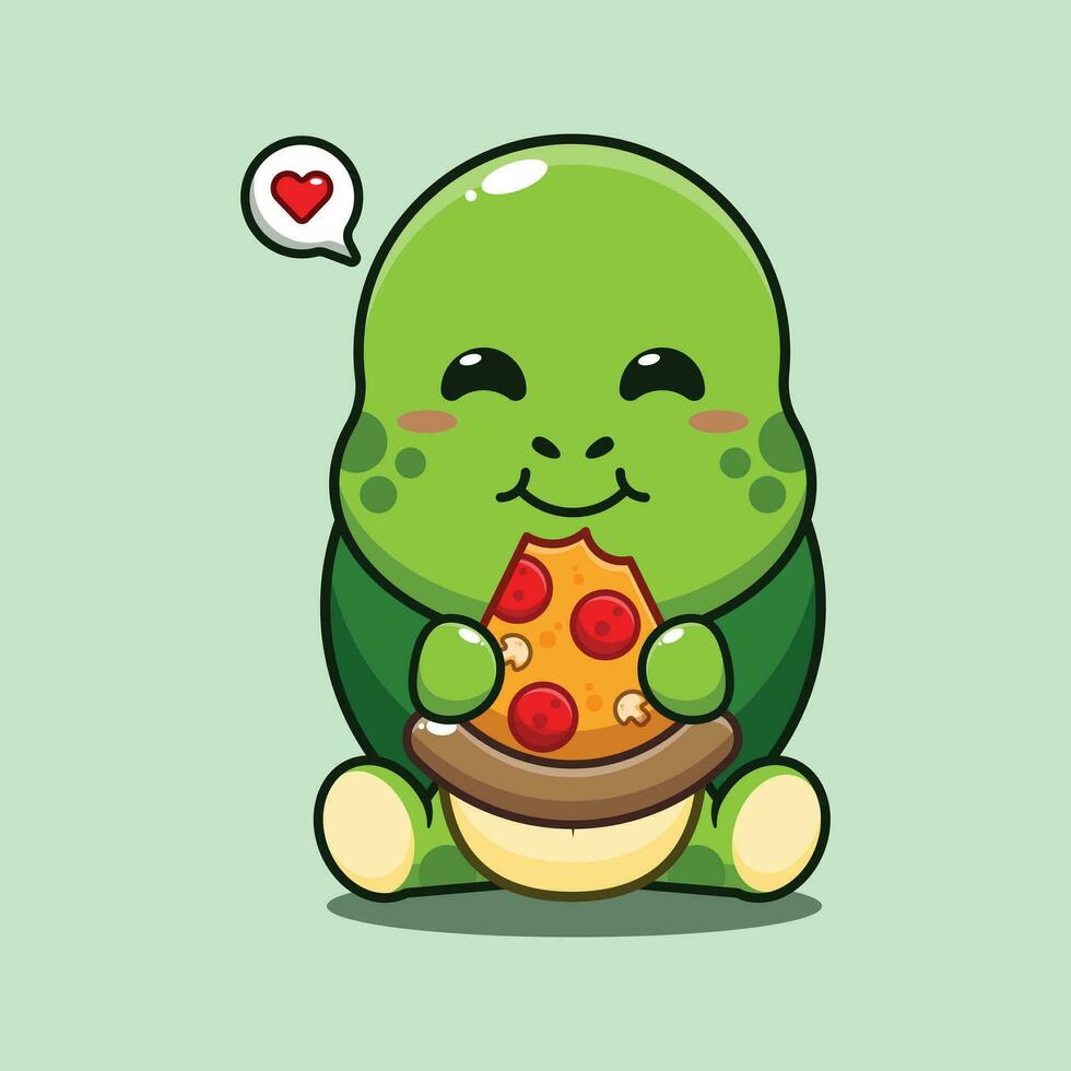 linda Tortuga comiendo Pizza dibujos animados vector ilustración.