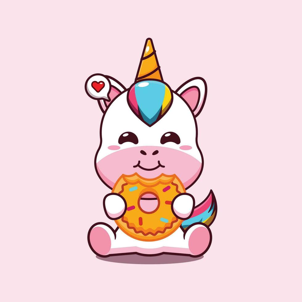 cute unicorn eating donut cartoon vector illustration.