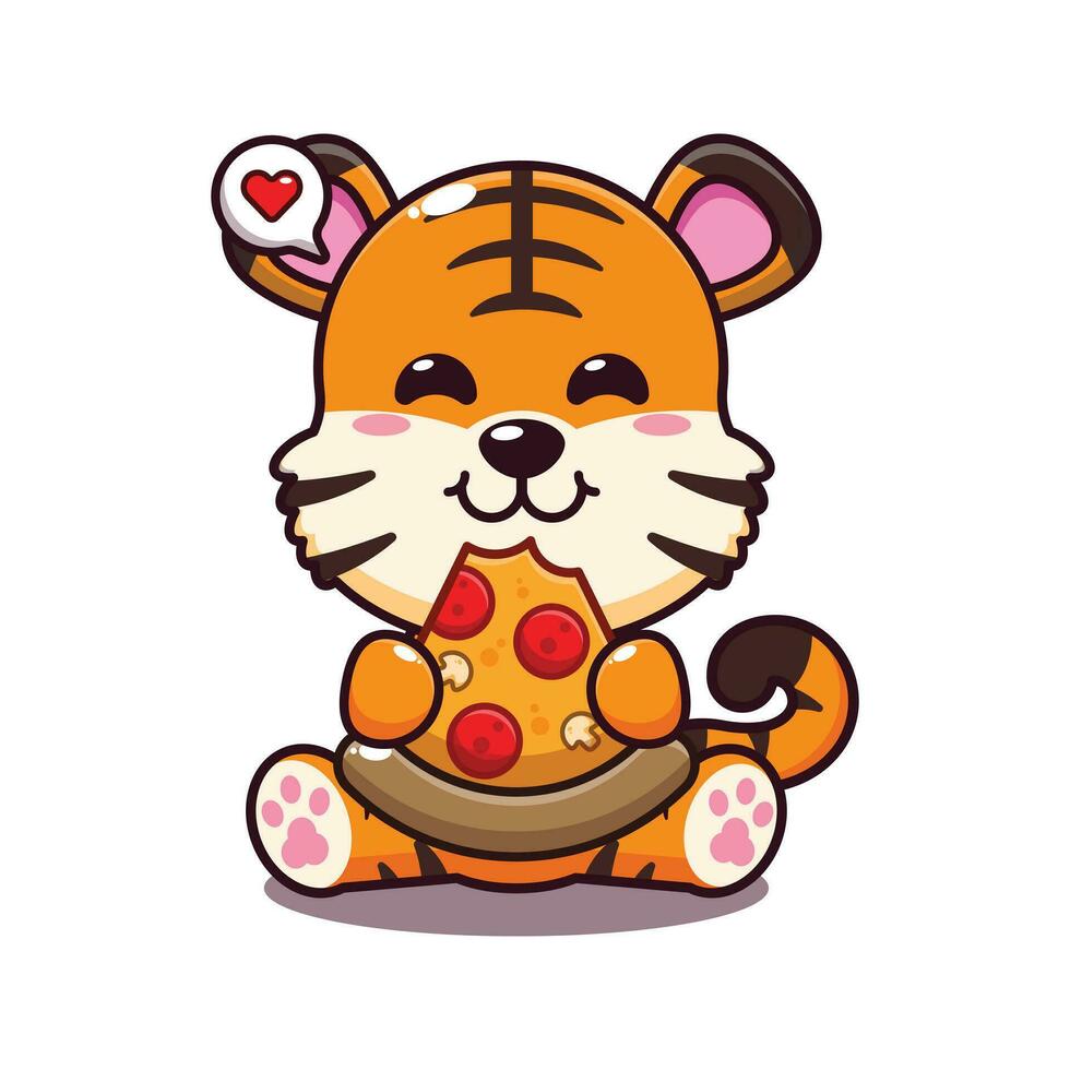 cute tiger eating pizza cartoon vector illustration.