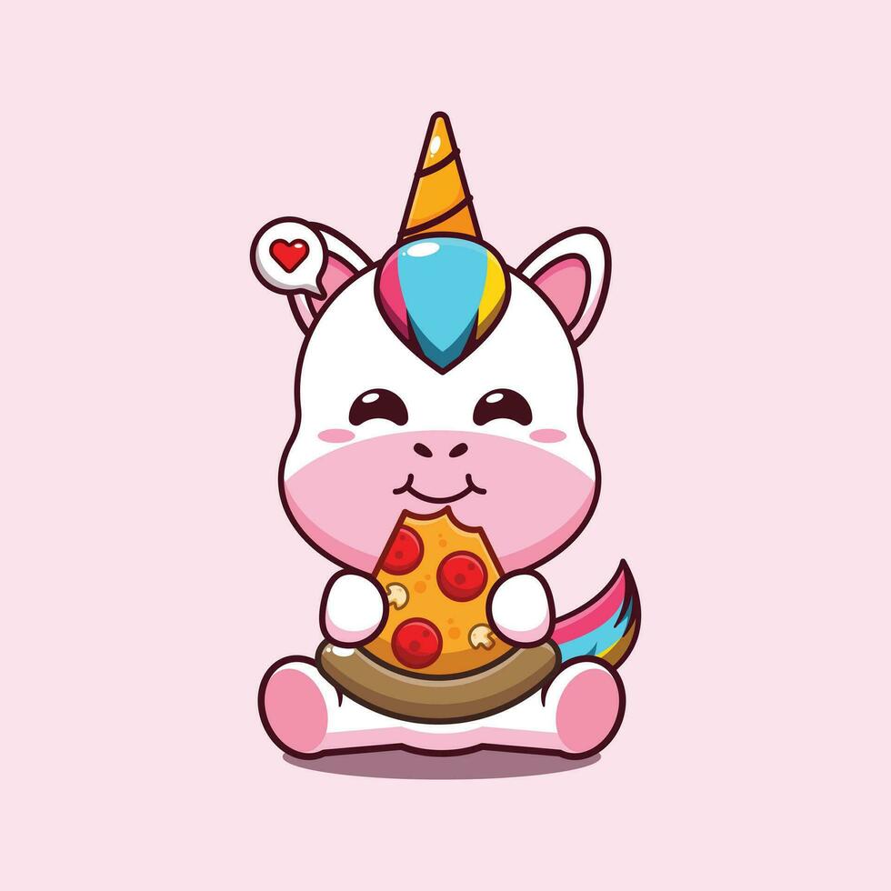 cute unicorn eating pizza cartoon vector illustration.