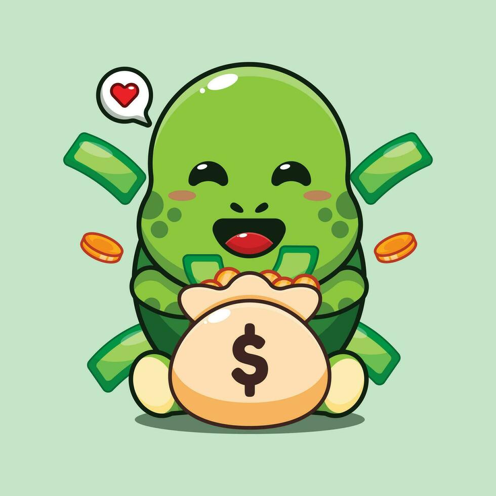 linda Tortuga con dinero bolso dibujos animados vector ilustración.