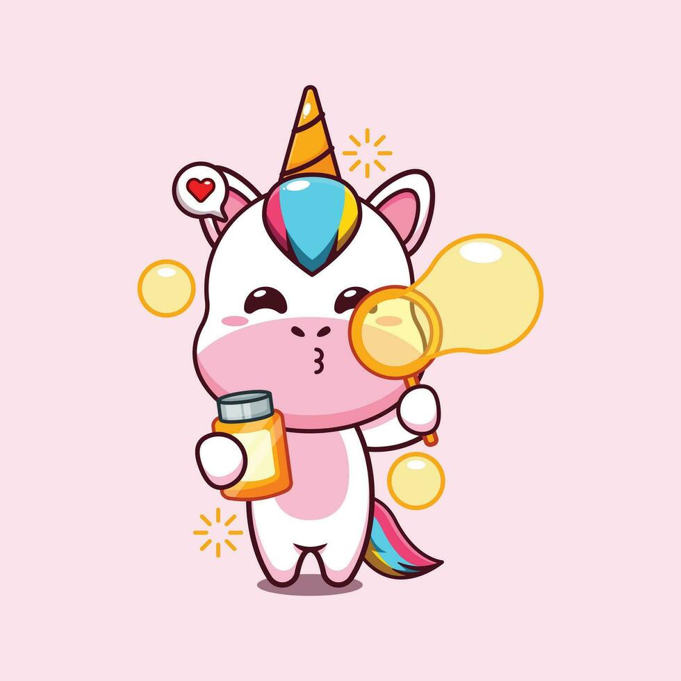 cute unicorn blowing bubbles cartoon vector illustration.