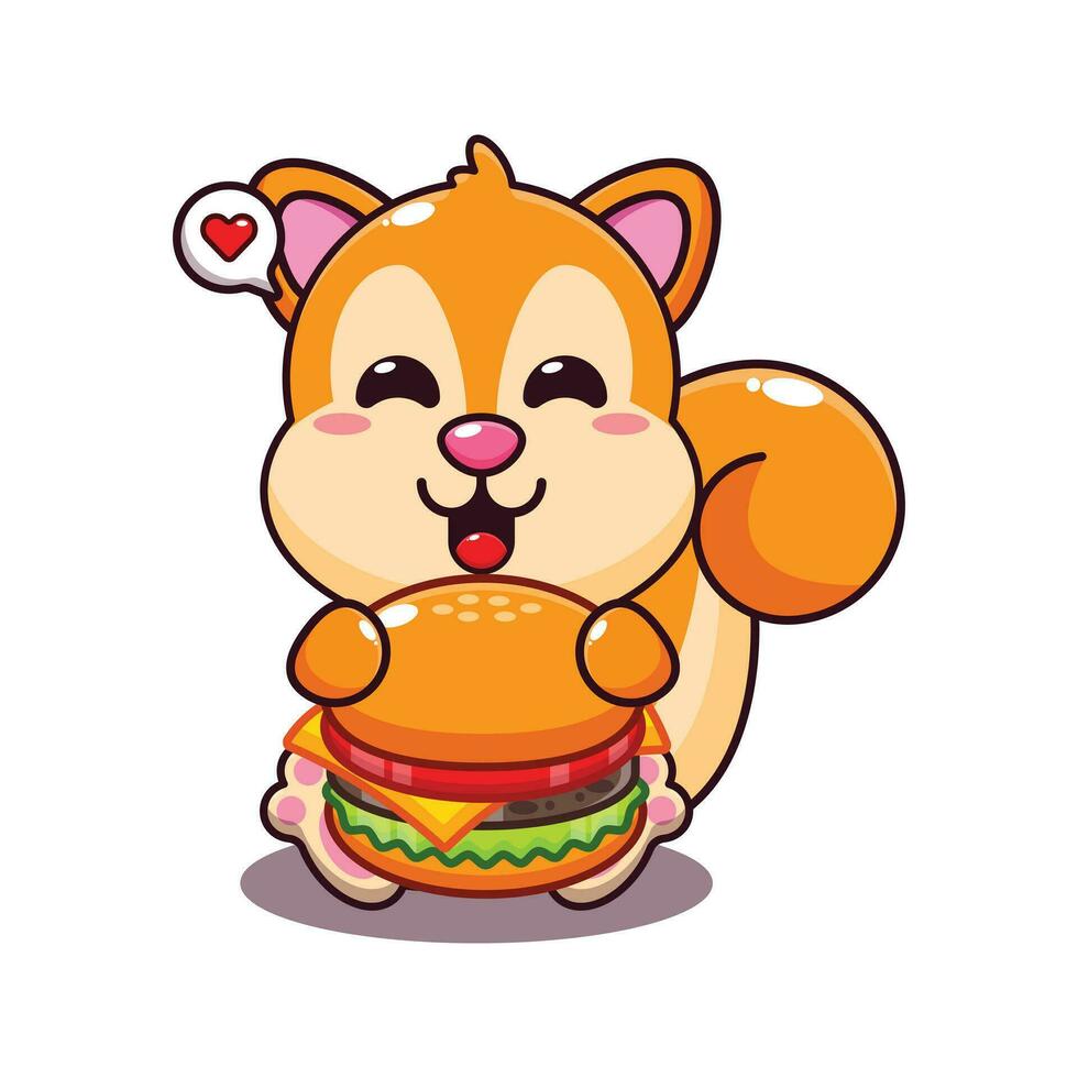 cute squirrel with burger cartoon vector illustration.