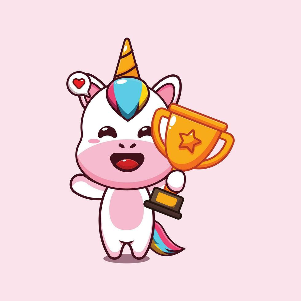 cute unicorn holding gold trophy cup cartoon vector illustration