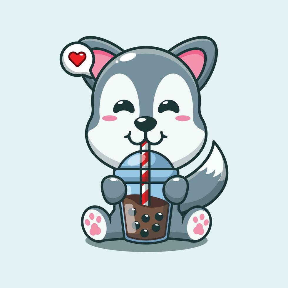cute wolf drink bubble milk tea cartoon vector illustration.