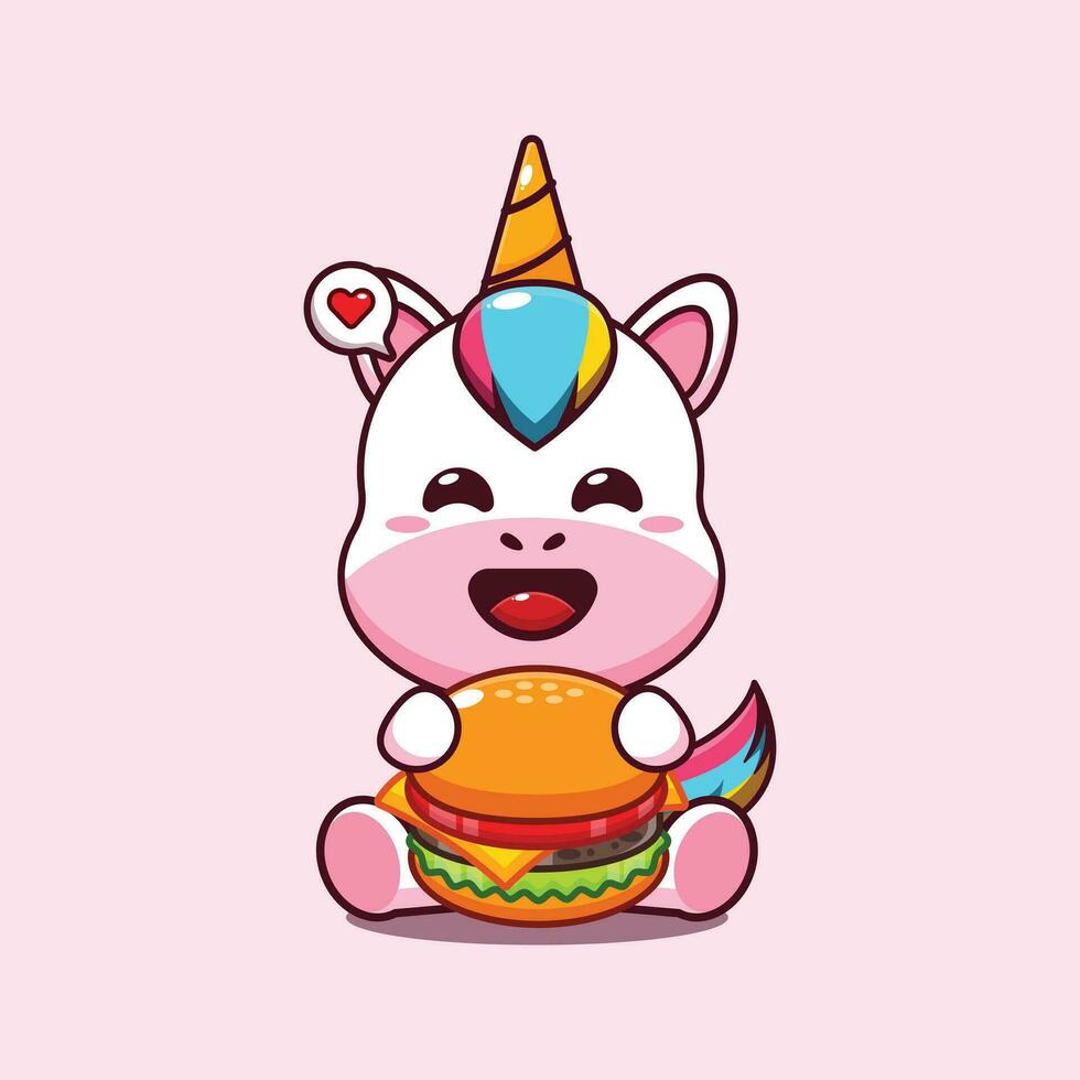 cute unicorn with burger cartoon vector illustration.