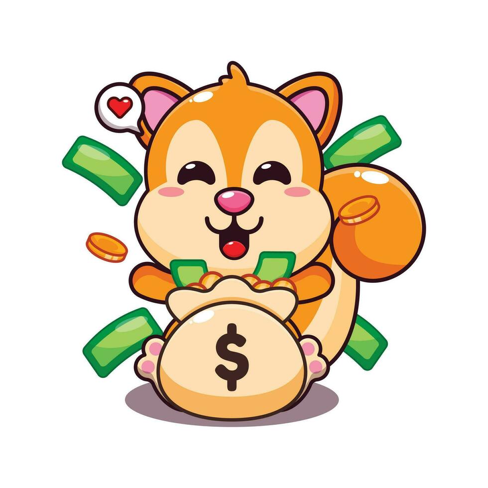 cute squirrel with money bag cartoon vector illustration.