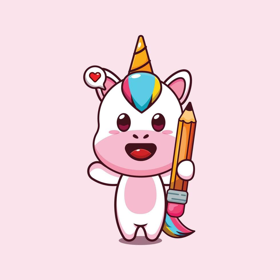 cute unicorn holding pencil cartoon vector illustration.