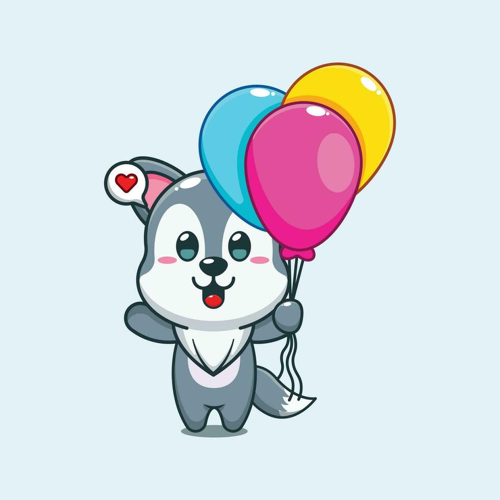cute wolf with balloon cartoon vector illustration.