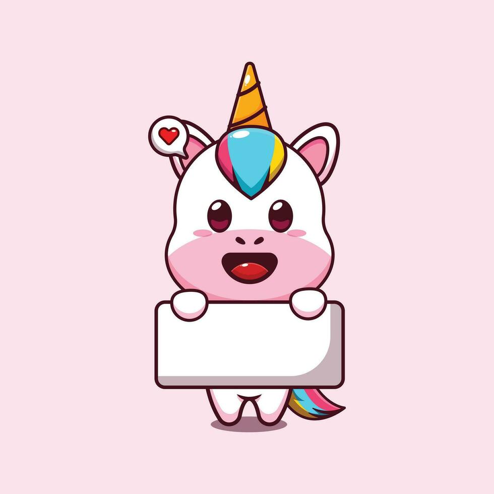 cute unicorn holding greeting banner cartoon vector illustration.