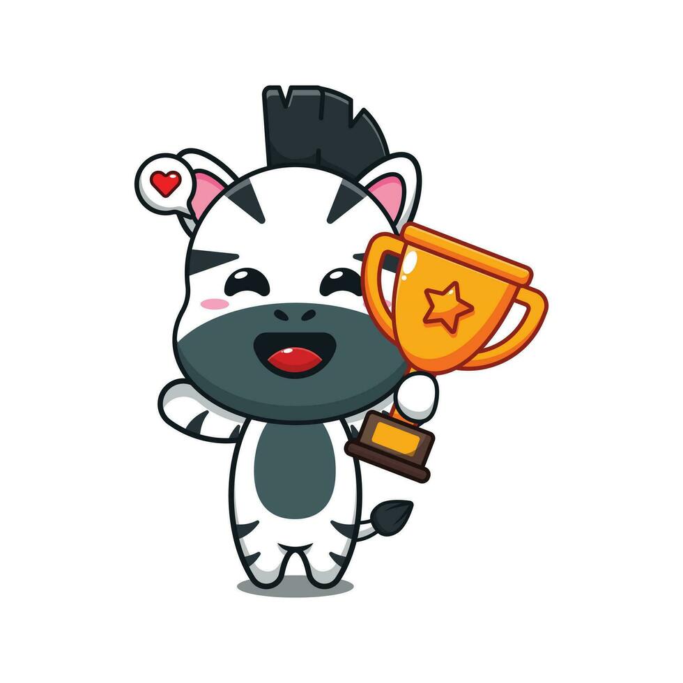 Printcute zebra holding gold trophy cup cartoon vector illustration.