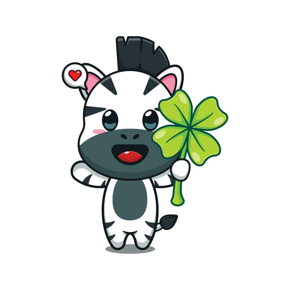 cute zebra with clover leaf cartoon vector illustration.