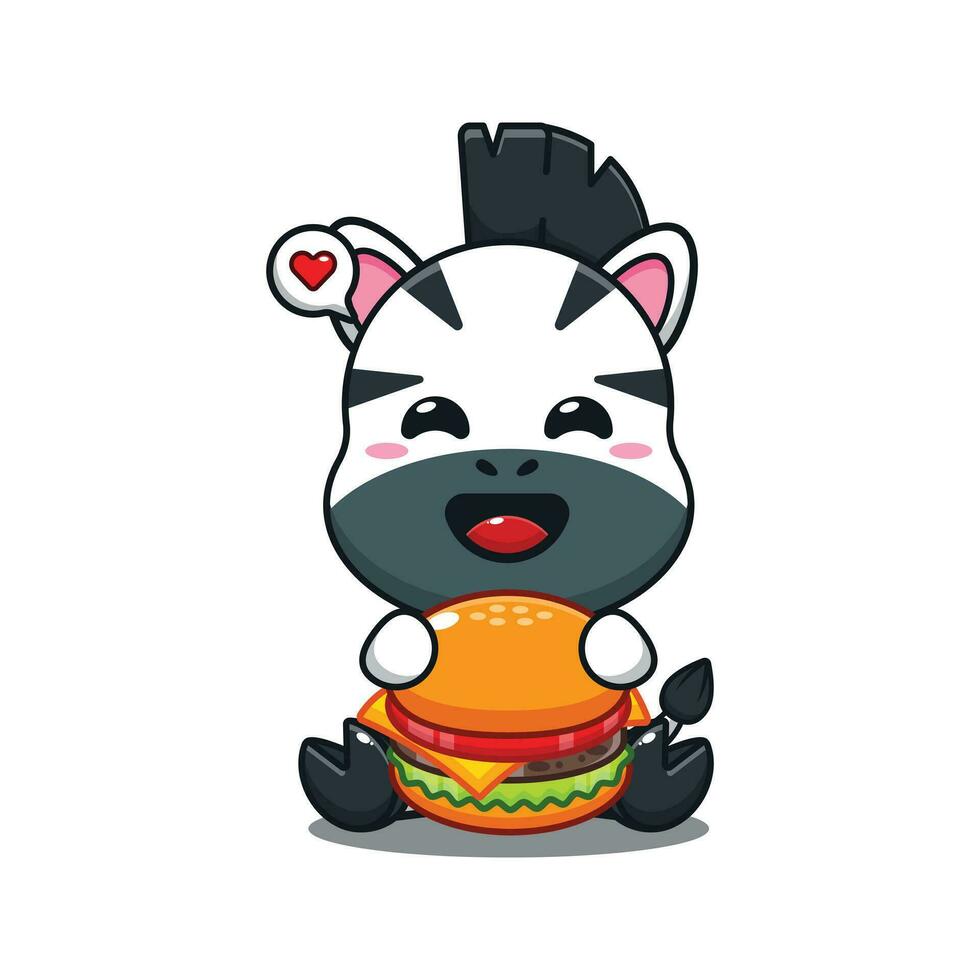 cute zebra with burger cartoon vector illustration.