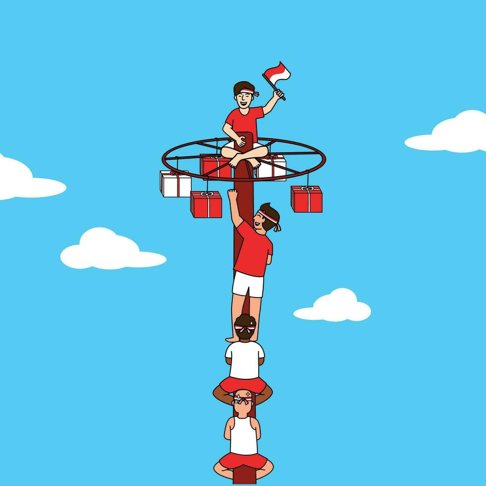 pole climbing competition or lomba panjat pinang during indonesian independence day celebrations vector