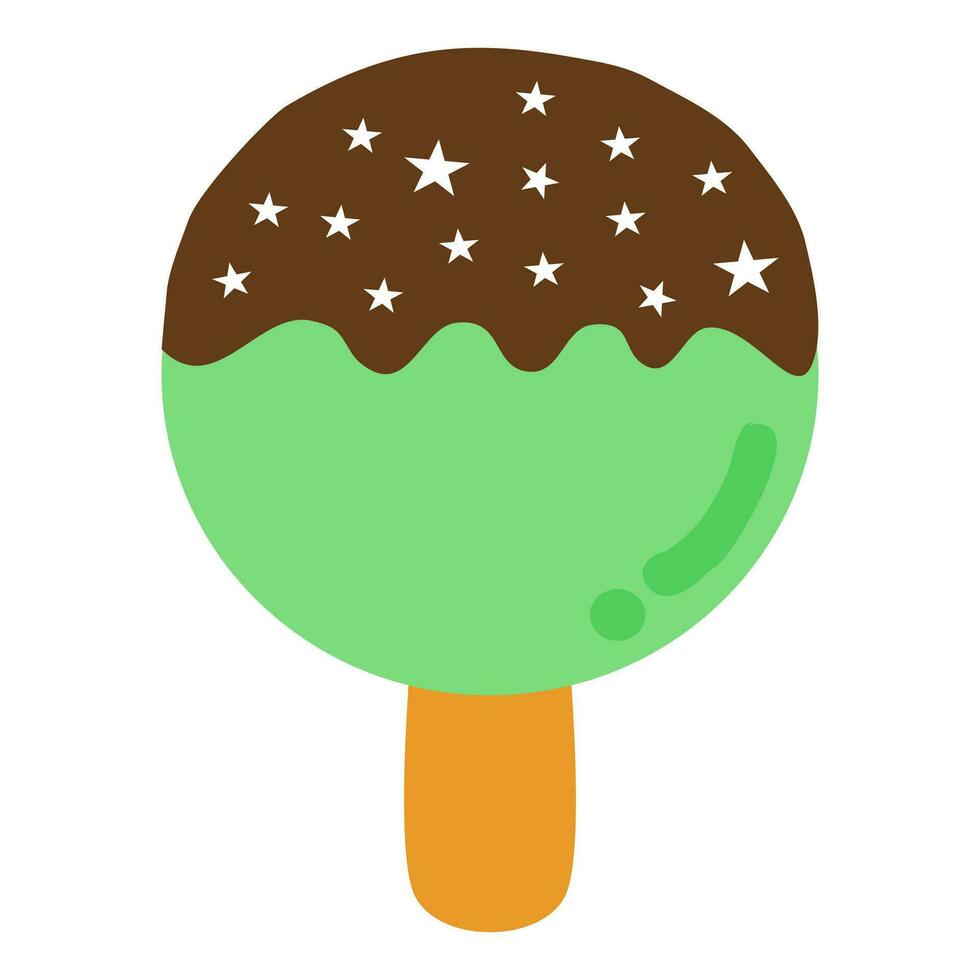 Green circle ice cream drawing with brown chocolate glaze on top and sprinkle the white star shaped topping. vector