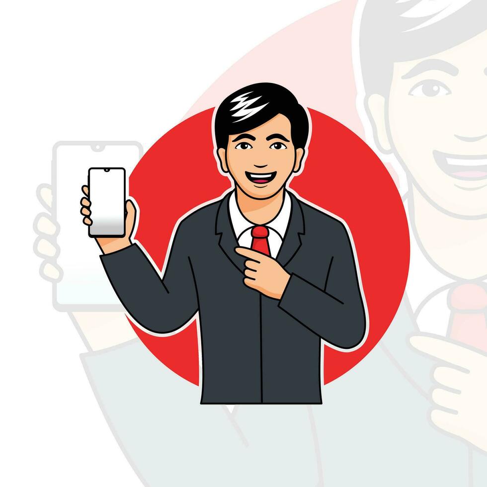 businessman cartoon character holding smartphone and showing blank screen design vector