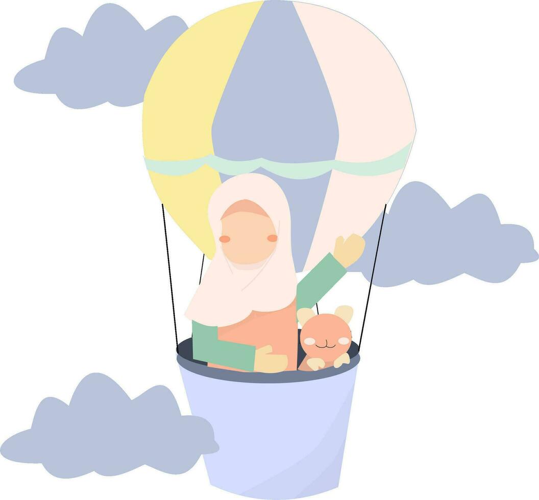 Cute Hijab Girl Illustration in Hot Air Balloon vector