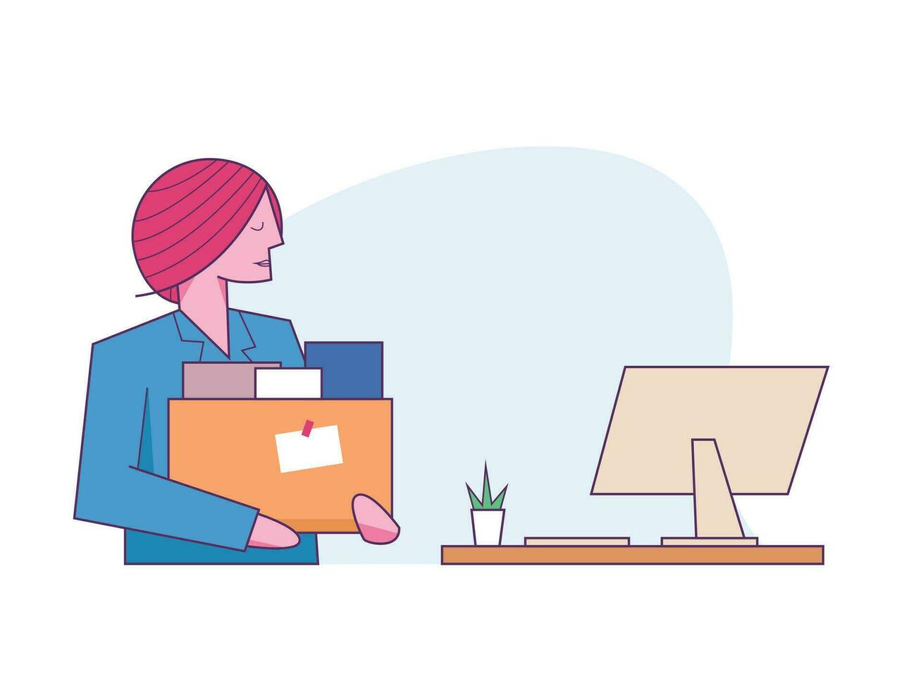 Female employee holds box with personal items in her first day in office. new job concept vector