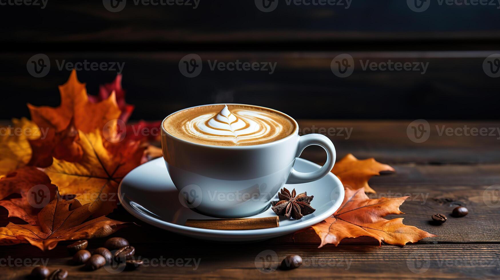 Coffee cup of cappuccino and marshmallows autumn leaves on surface old dark wood planks. photo