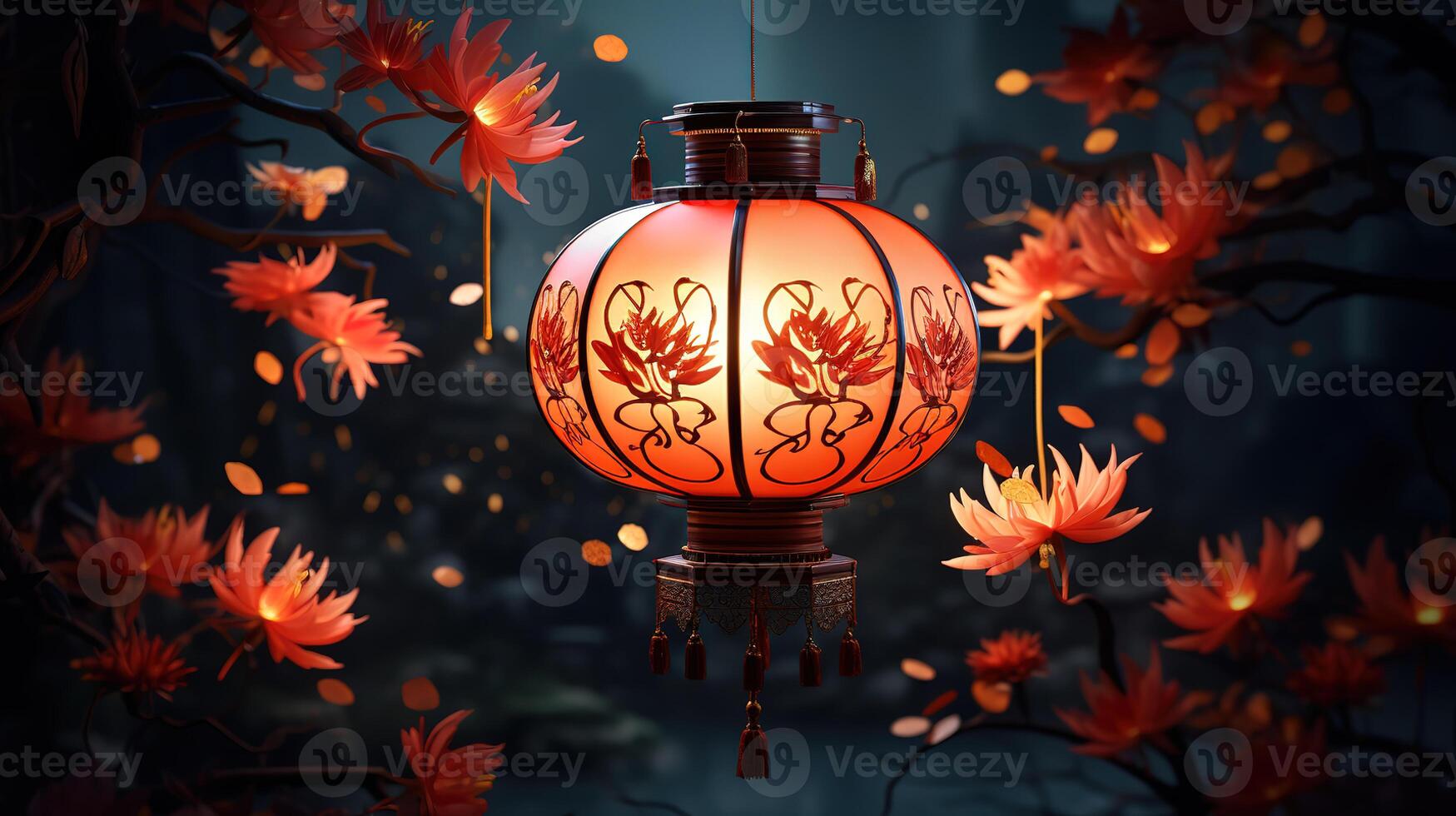 Antique lantern glowing in dark autumn night. photo