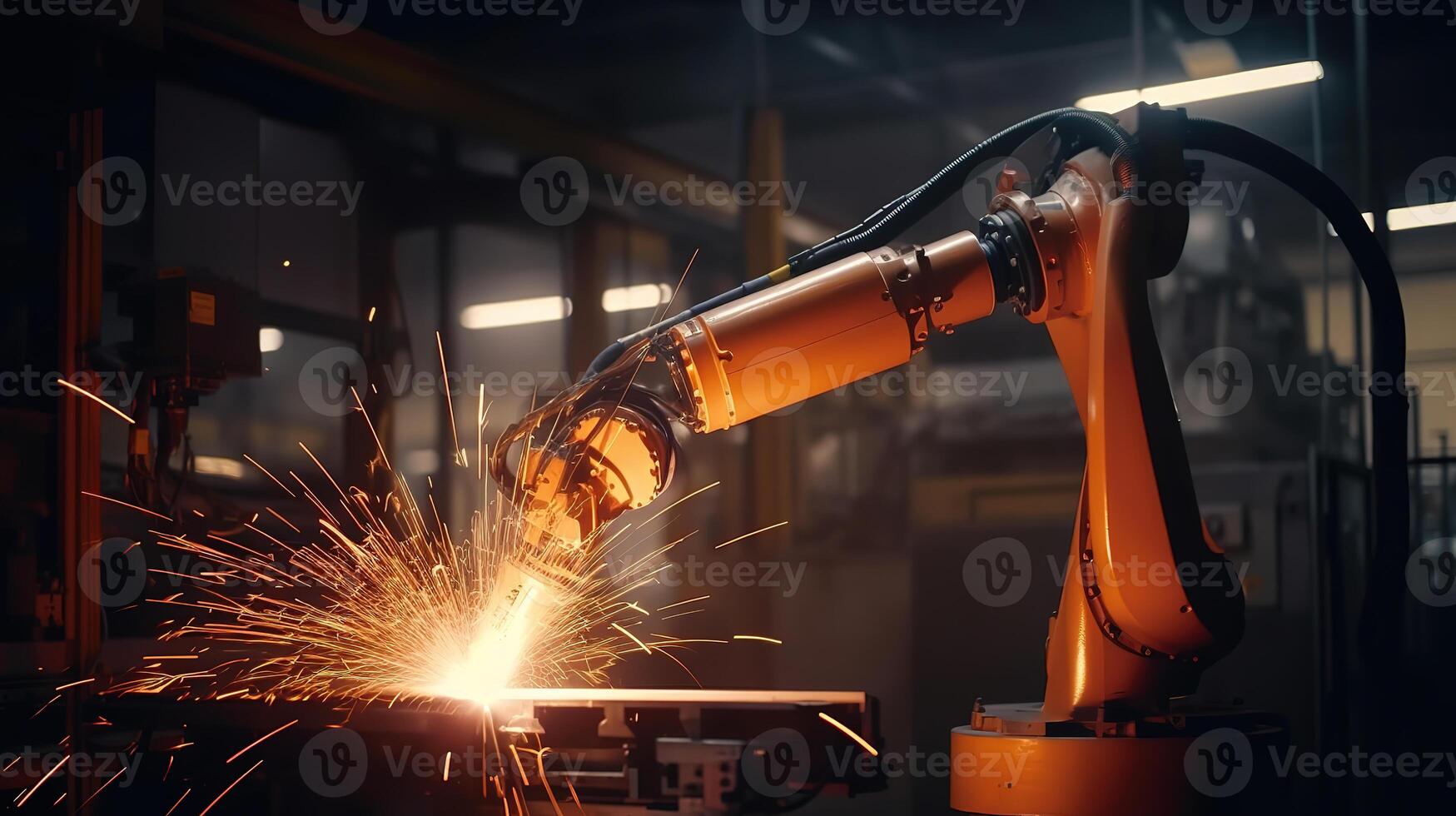 Obotic arms working at the futuristic factory ,industrial welding robots. photo