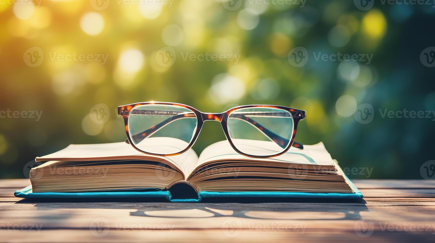 Stack of books with eyeglasses on the wooden table, free space for text. photo