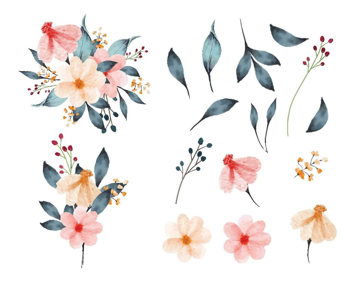 Set of watercolor flowers and leaves collection with bouquet vector