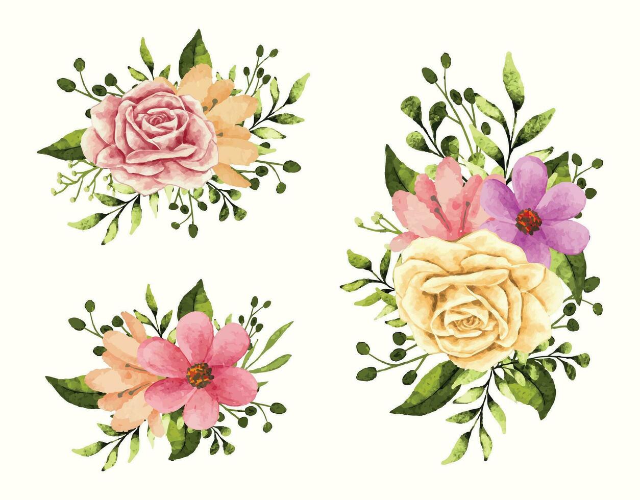 Pack of wedding blooming flower branch bouquet with rose, flax and green leaves in watercolor style vector