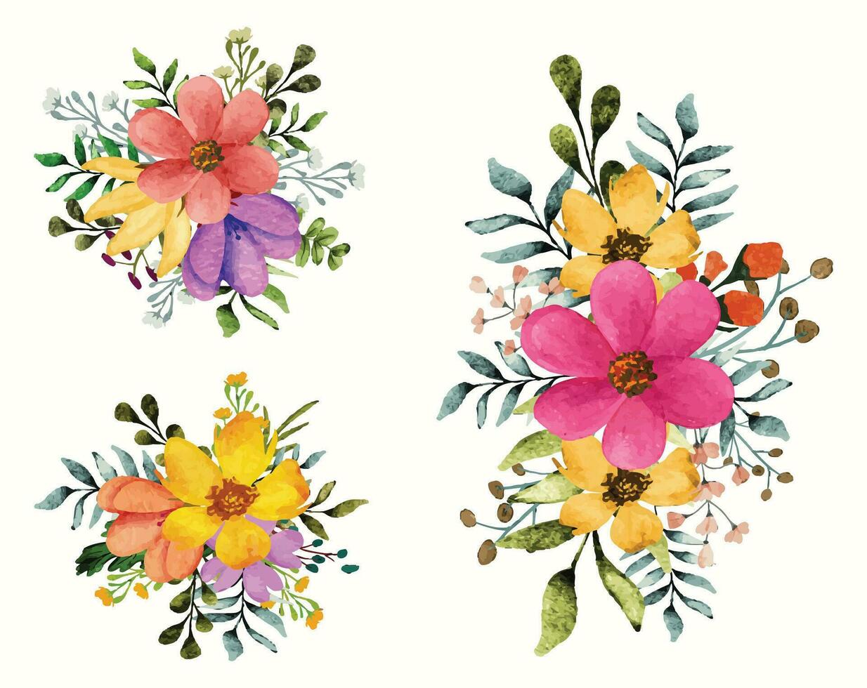 Set of watercolor floral branch bouquet arrangements with flowers and leaves for card design vector