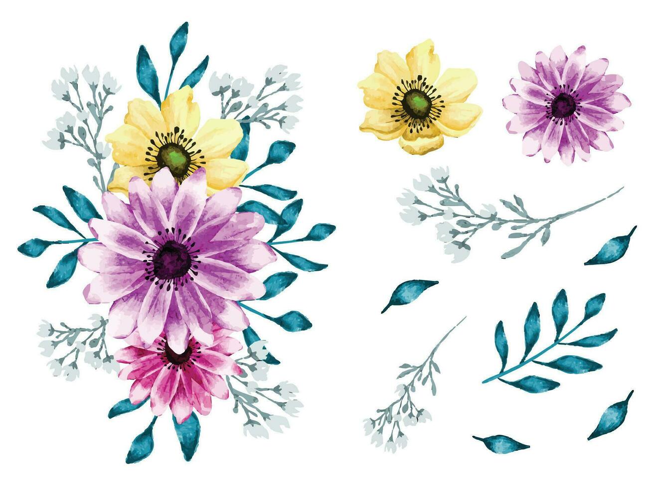 Watercolor flower bouquet painted with isolated dahlia, daisy, anemone flowers and leaves vector