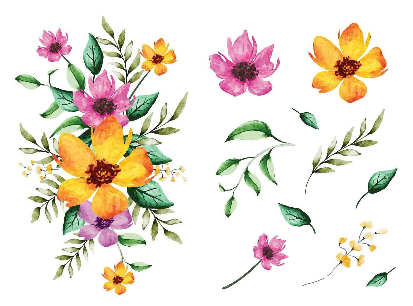 Watercolor flower bouquet painted with isolated flowers and leaves vector