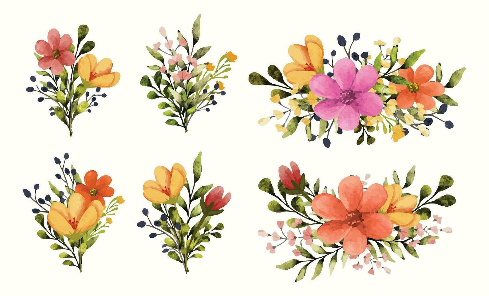 Glorious flower filled brunch bouquet set collection in watercolor vector