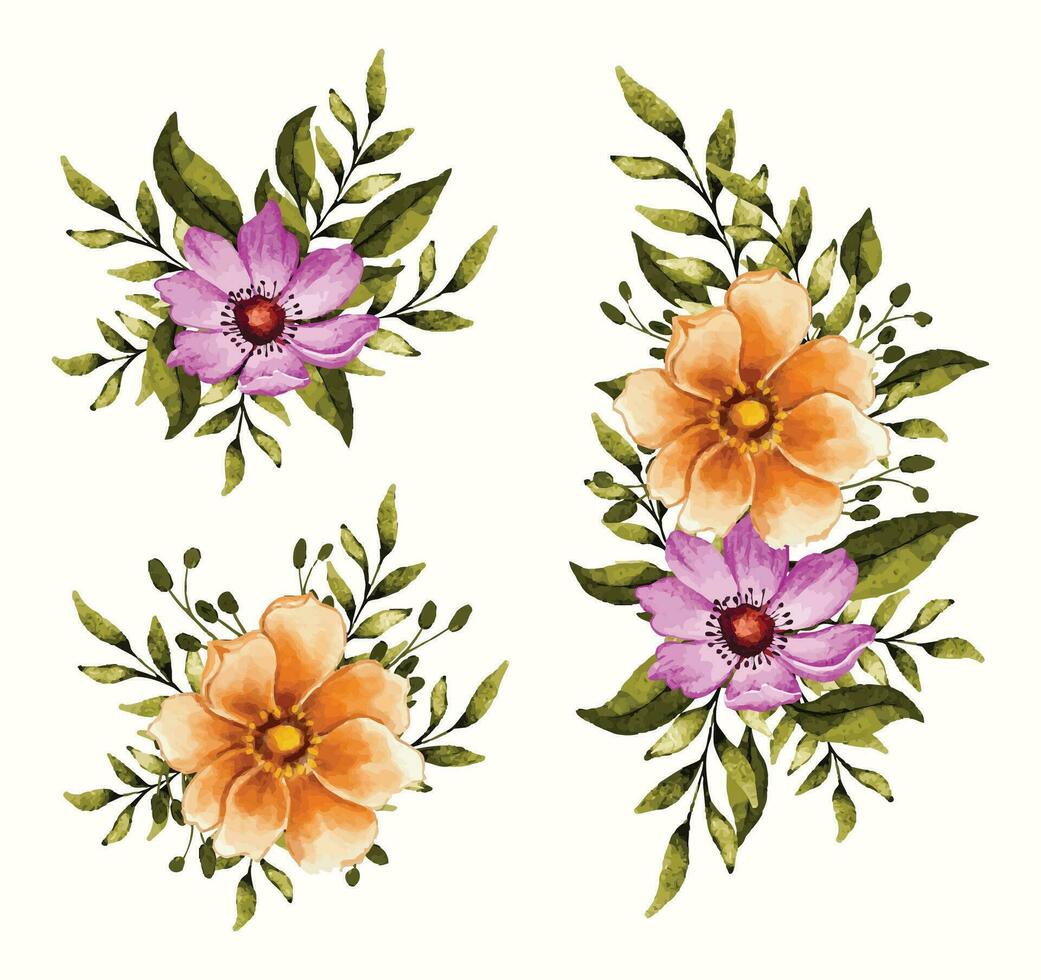 Summer flower branch bouquet collection with pink flowers and green leaves vector