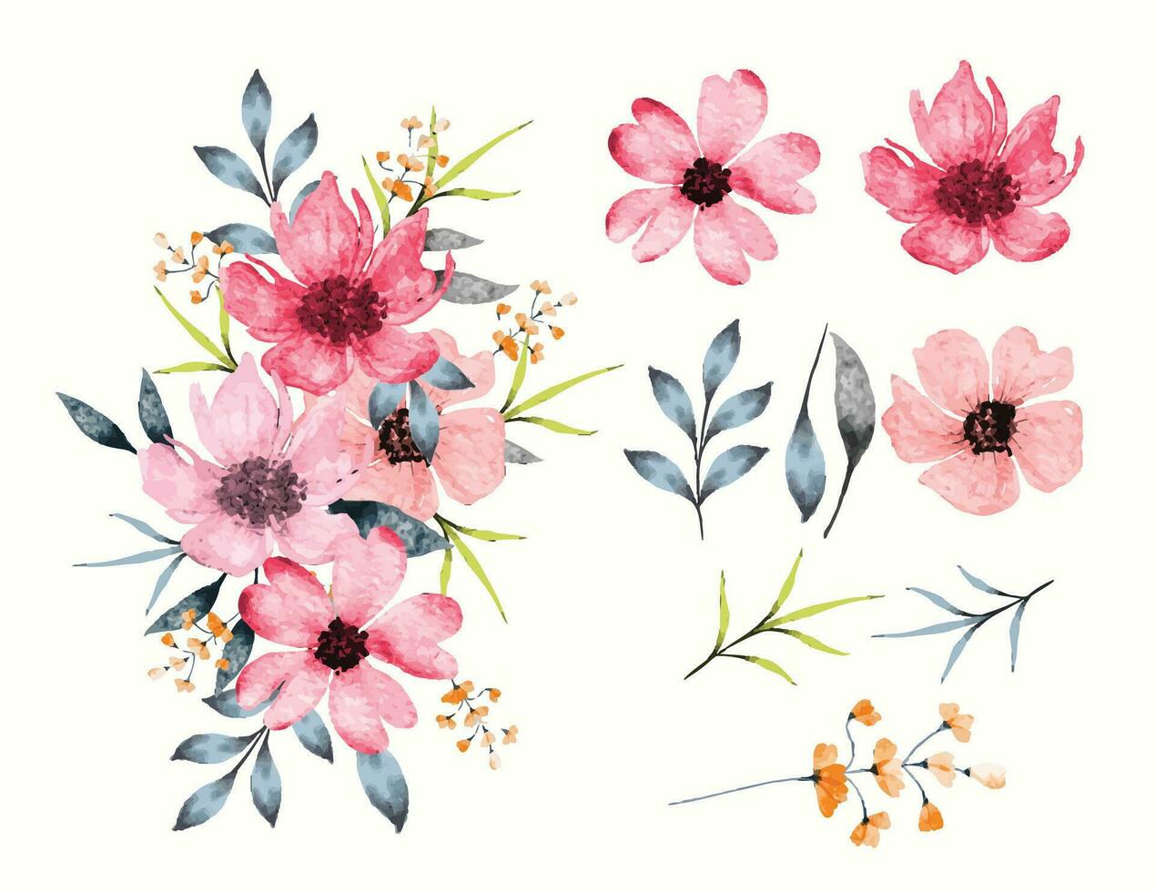 Pastel watercolor flowers and leaves collection with bouquet vector