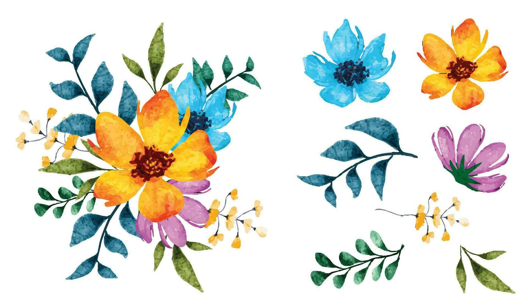 Colorful flowers and leaves illustration with a watercolor bouquet vector