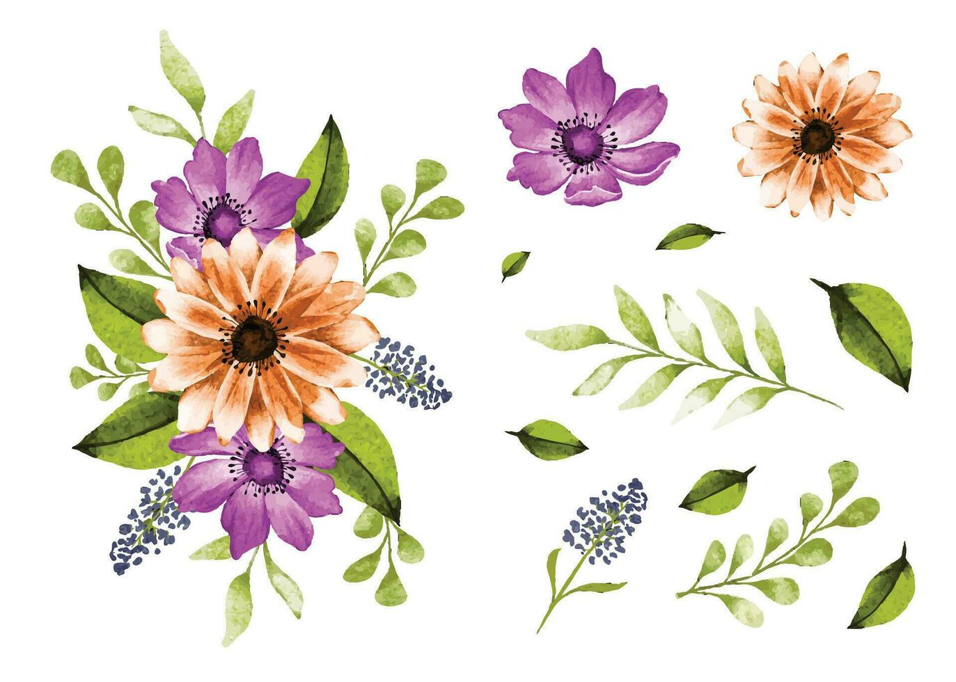 ramo de flores de flores y hojas, acuarela floral pintura en aislar antecedentes vector