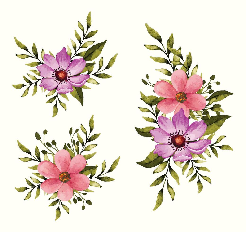 Watercolor painting of floral spring branch bouquet with pink flowers and green leaves vector