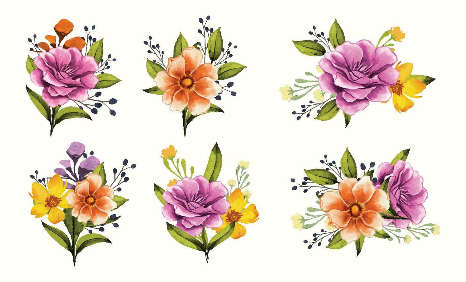 Natural floral bouquet with isolated flowers and leaves in watercolor style vector