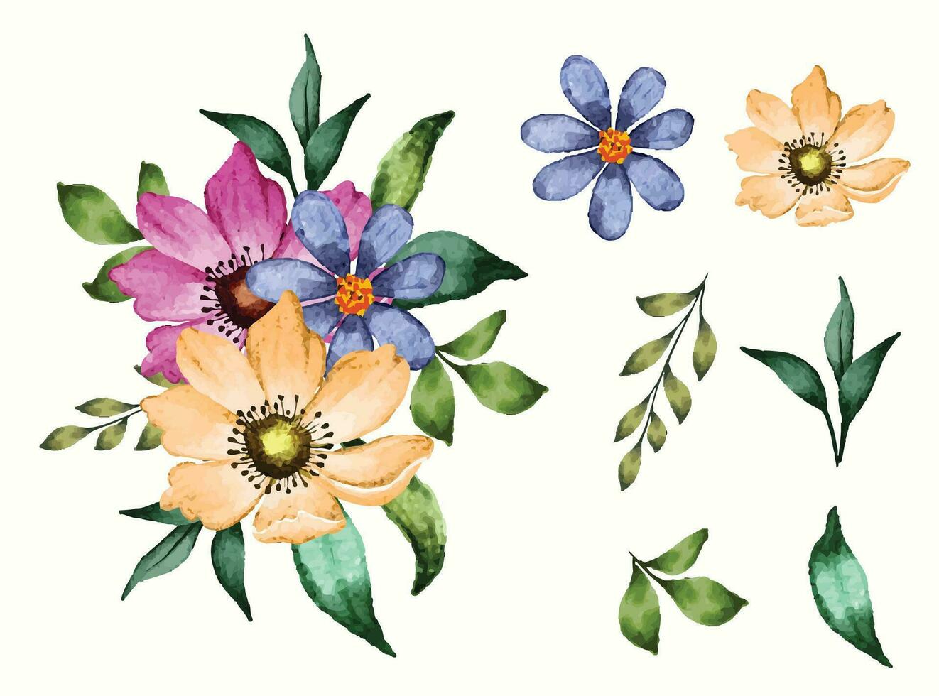 Watercolor floral bouquet with isolated flowers and leaves vector