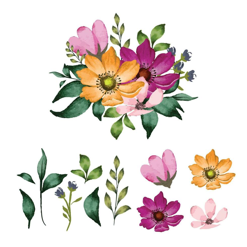 Floral bouquet with isolated flowers and leaves painted with watercolor vector