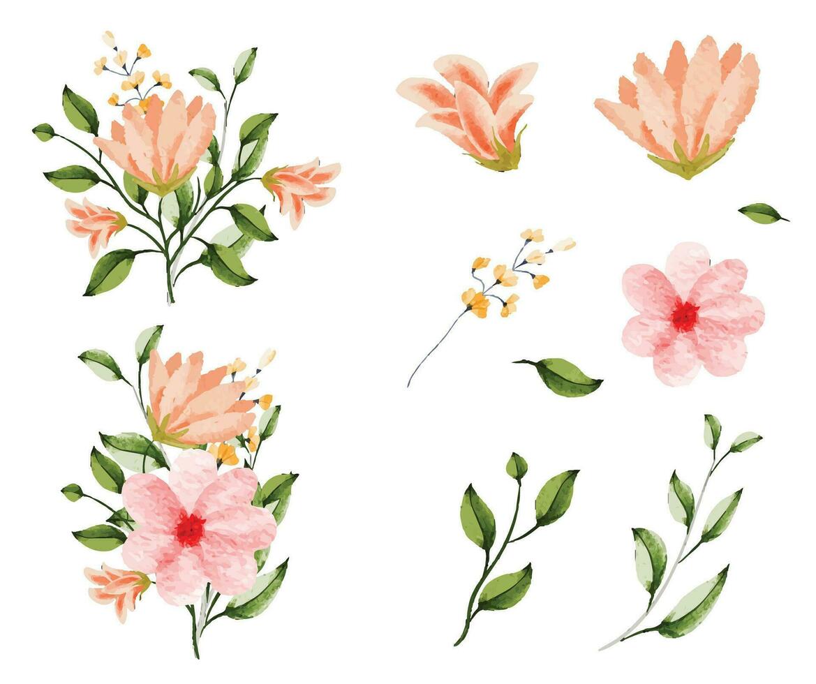 acuarela pintura flor silvestre rama ramo de flores con magnolia, hibisco y hojas vector