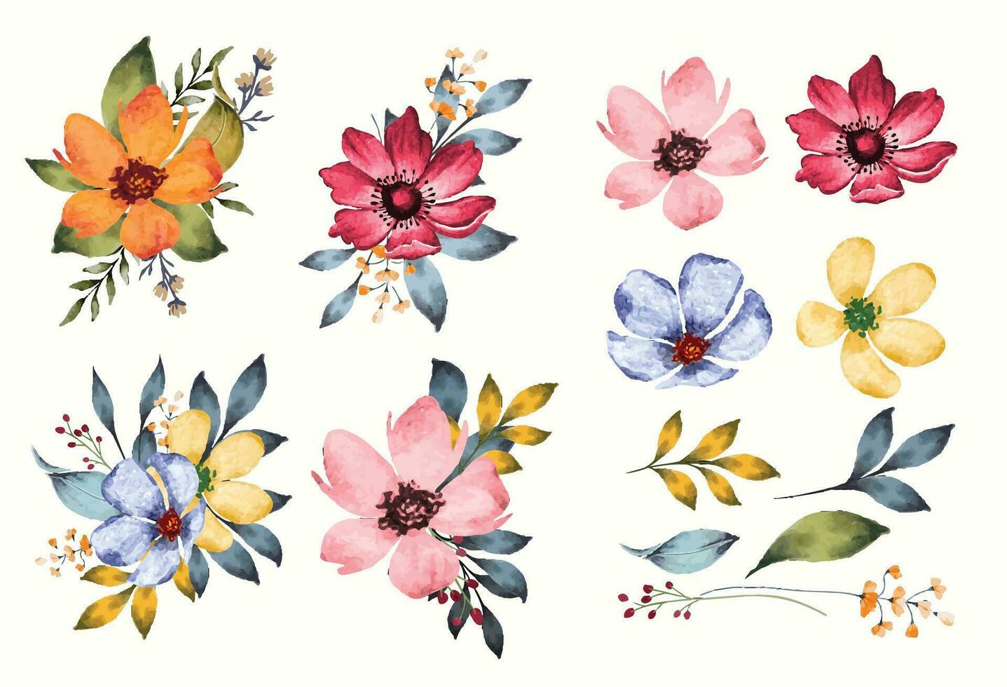 Set of watercolor flowers and leaves isolated clip-art vector